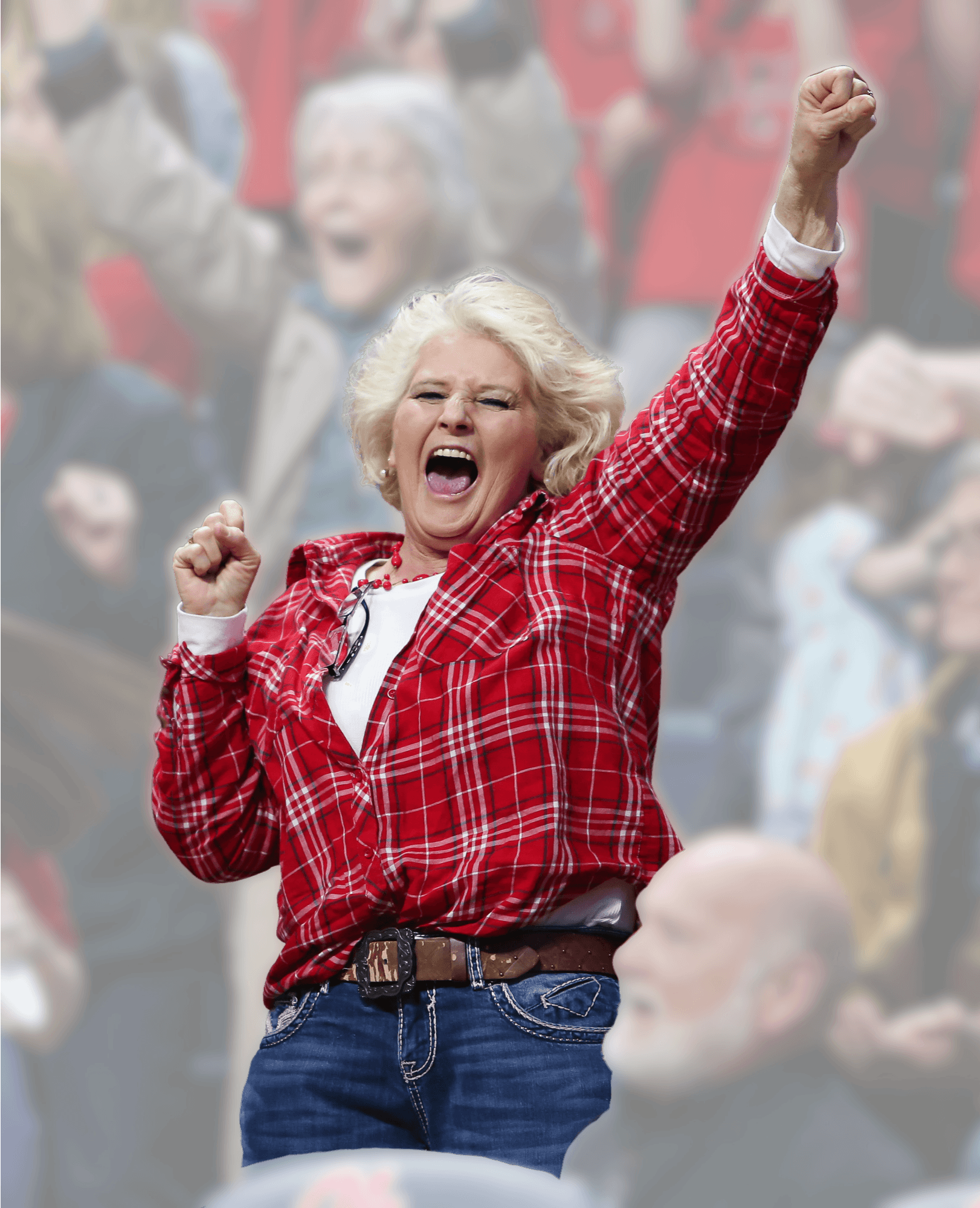 A fan in a red plaid shirt cheers with fists raised in the stands as the crowd celebrates behind her