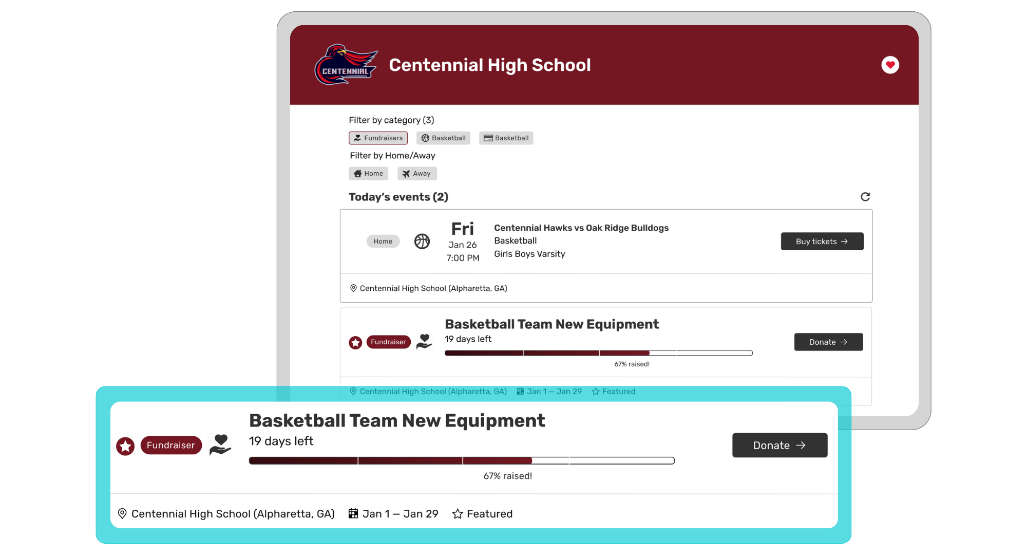 PlayOn Site  school event app showing a fundraiser for basketball team equipment with days remaining and percent funded