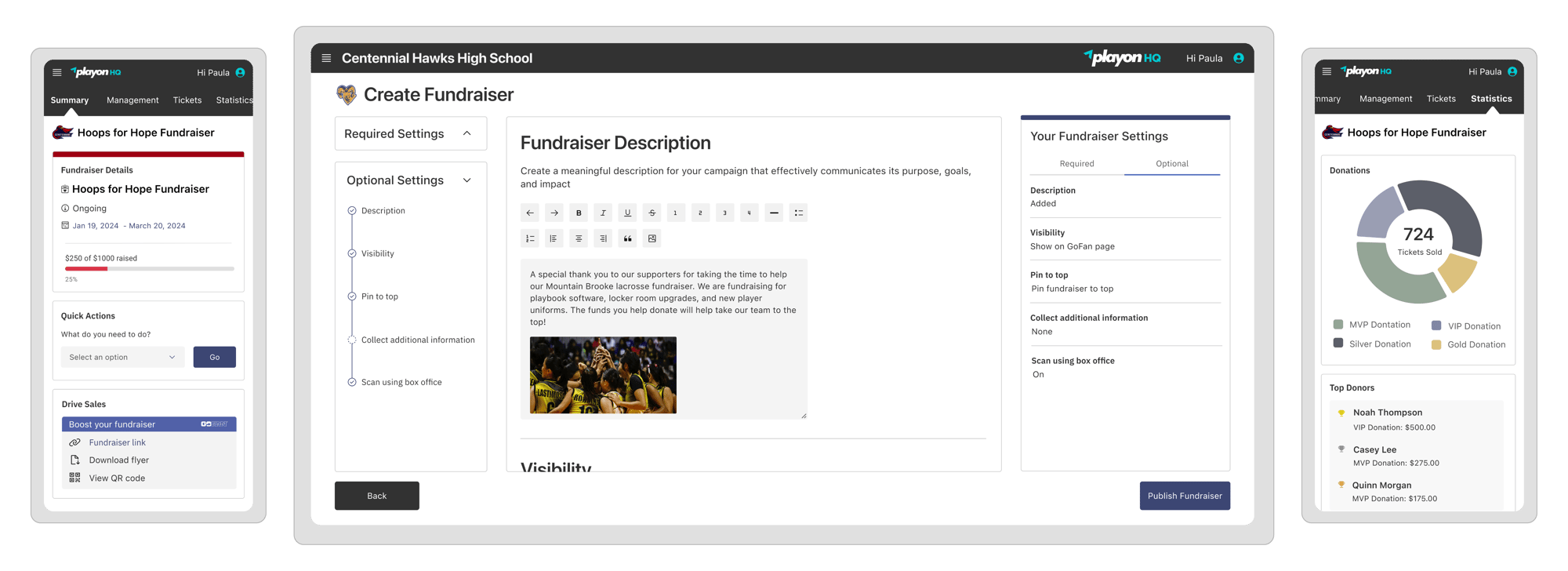 PlayOn HQ dashboard showing a fundraiser summary, a fundraiser creation form, and a donation statistics screen for a 