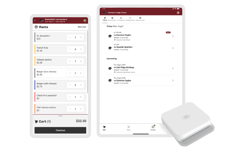 GoFan box office app showing a concessions order and upcoming game check-in list next to a card reader