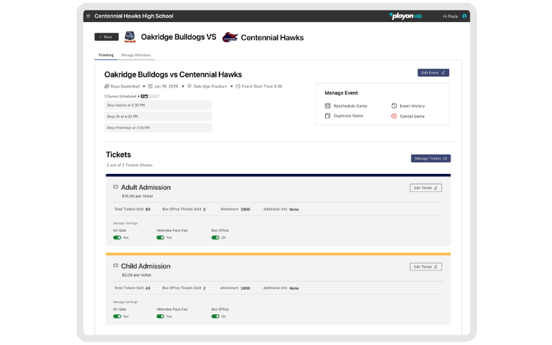 PlayOn HQ ticketing dashboard showing adult and child admission ticket details for a high school football game