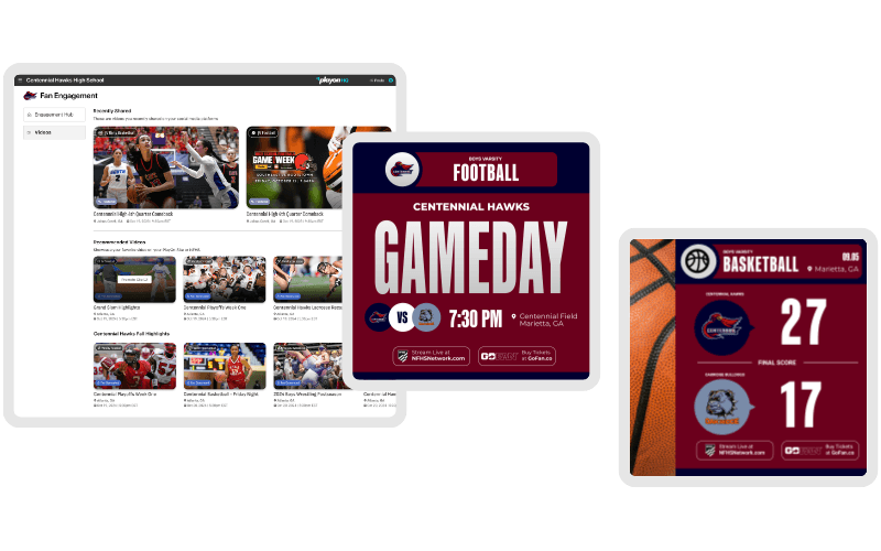 Fan Zone graphics including a football gameday web banner, a game promotion graphic, and a basketball scoreboard